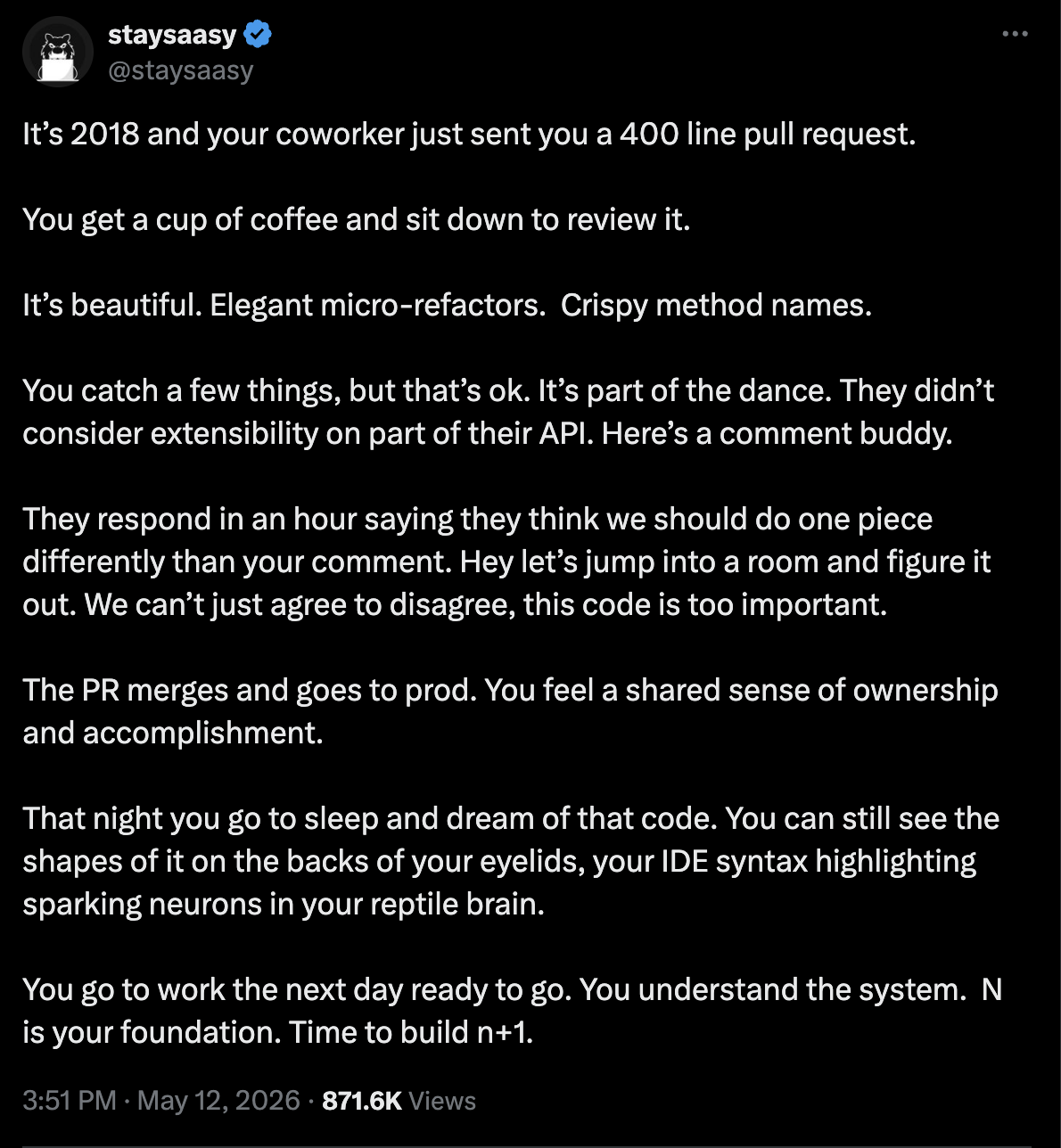 Tweet by @staysaasy about a 2018 code review